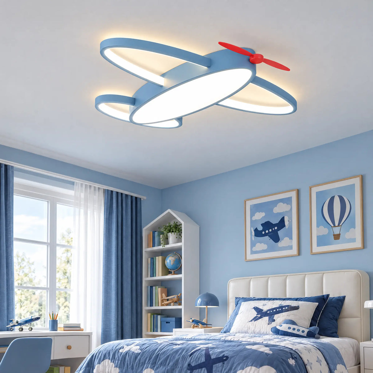 Kids Airplane Flush Mount LED Ceiling Light, 23.62 in, Blue, 56W