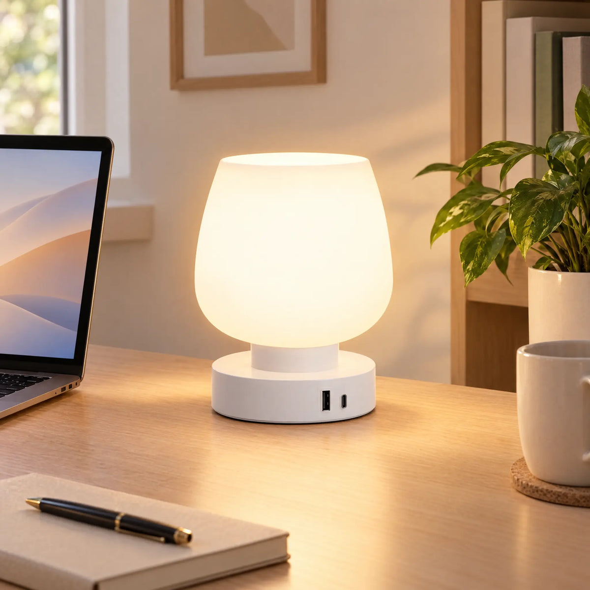 Opal Glass Touch Lamp with 3-Level Dimming and LED Bulb Included - USB-A + USB-C