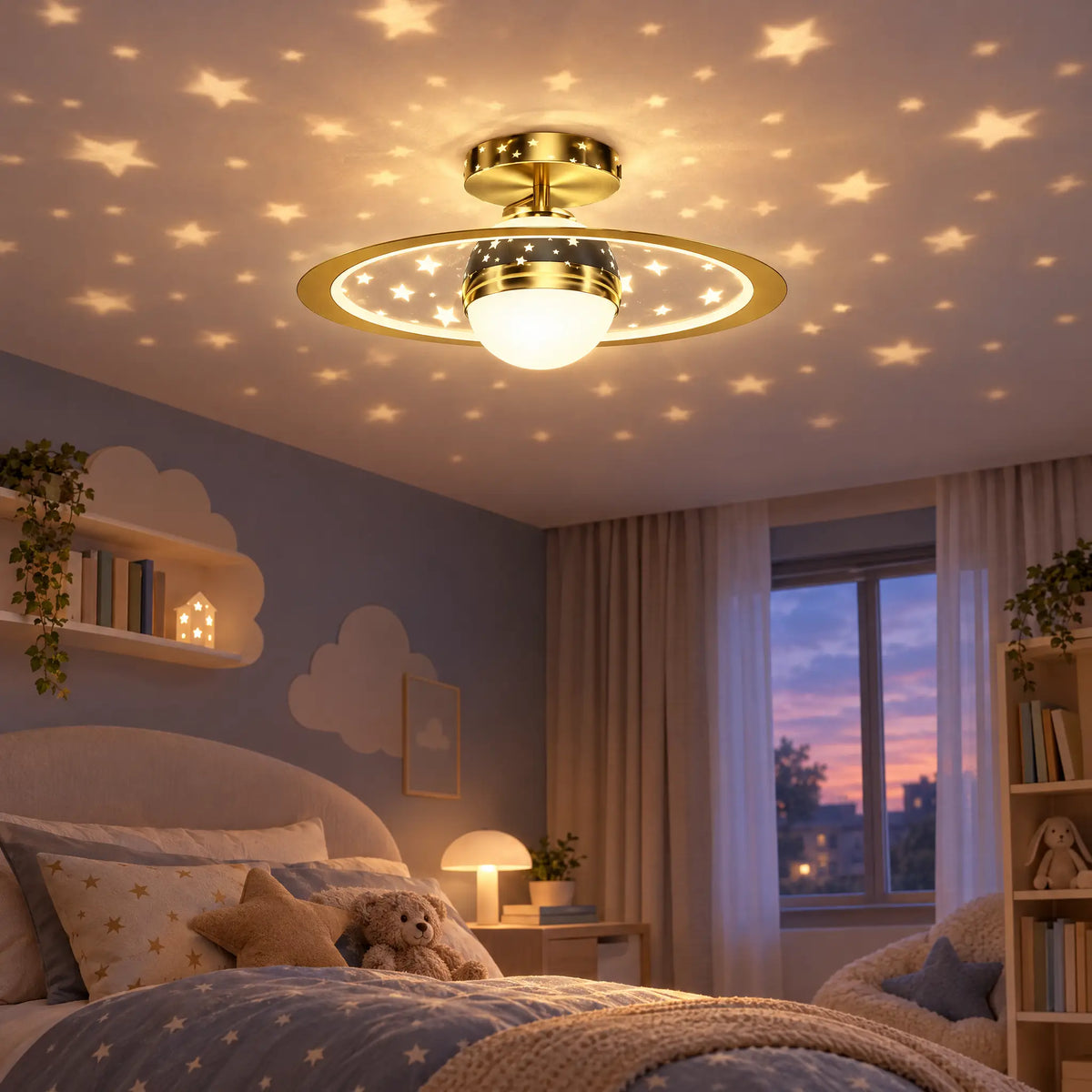 Star Ceiling Light with Starry Projection & Ring, 19.69 in Gold or Black