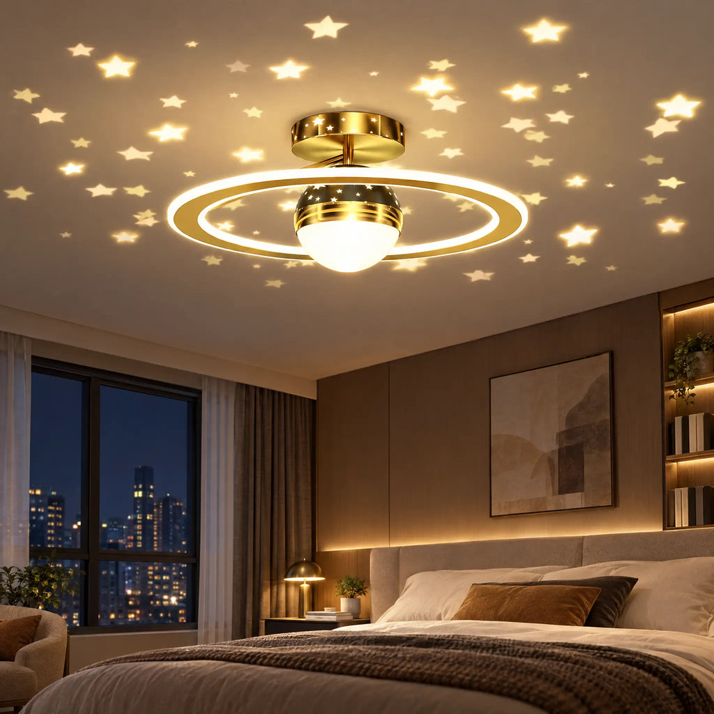 Star Ceiling Light with Starry Projection & Ring, 19.69 in Gold or Black - Gold