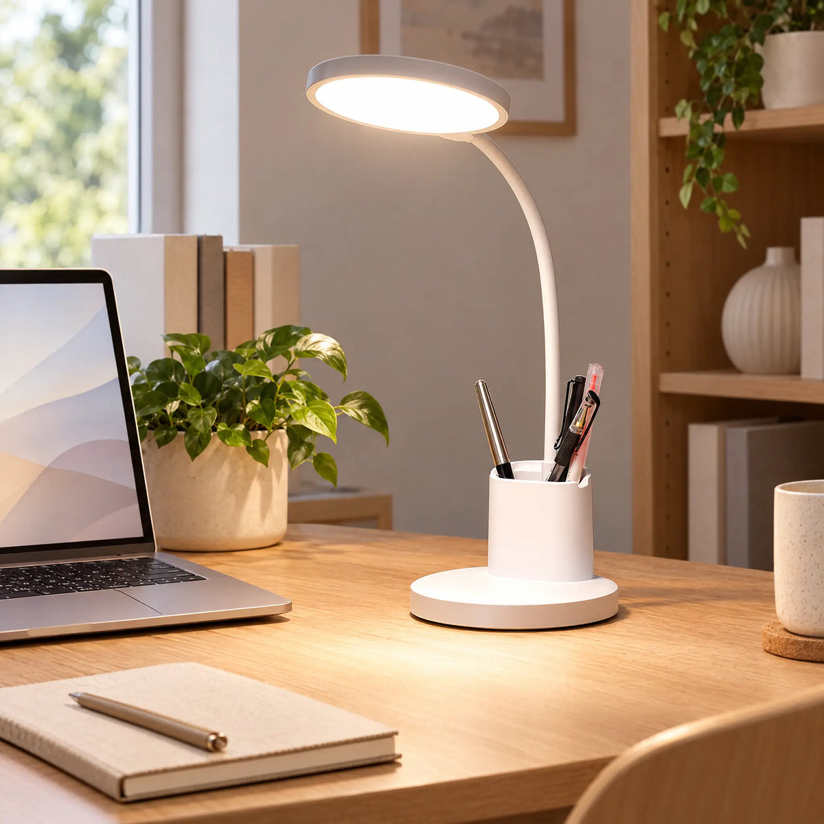 Rechargeable LED Desk Lamp with Pen Holder and 3 Color Modes - White