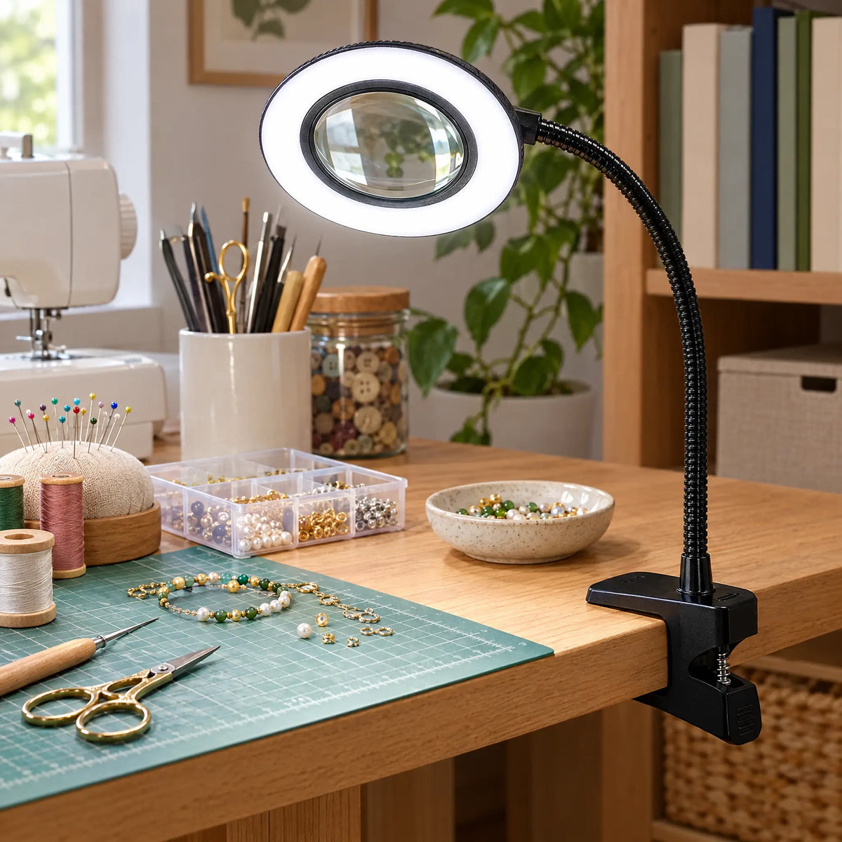 Clip-On LED Desk Lamp with 3 Color Modes and USB-Powered Gooseneck - Magnifying Glass