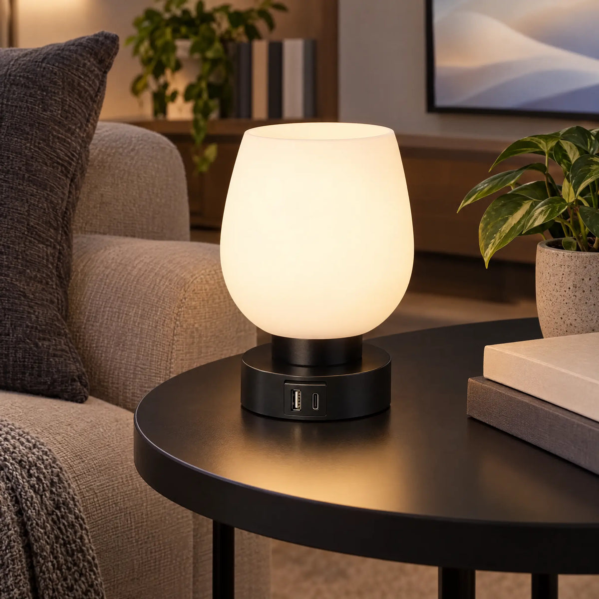 Opal Glass Touch Lamp with 3-Level Dimming and LED Bulb Included - Black Base USB-A + USB-C