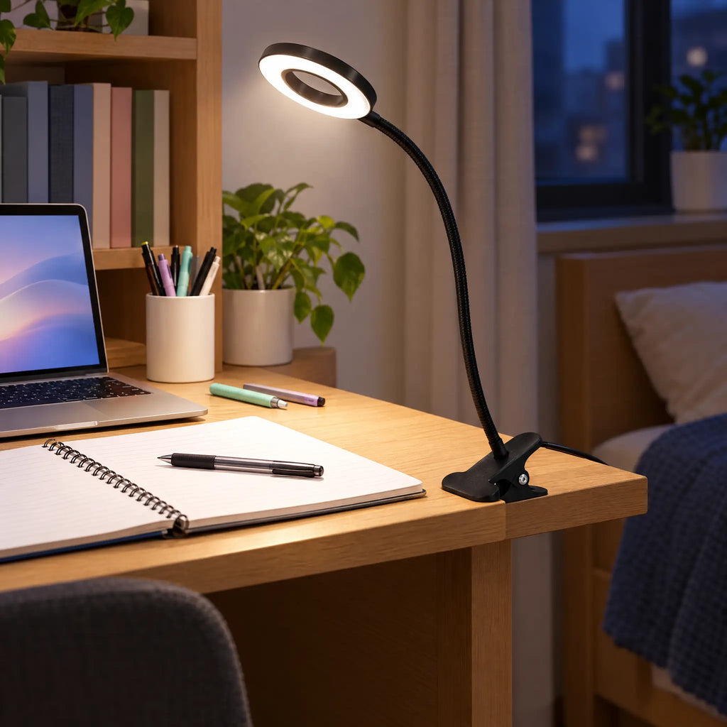 Clip-On LED Desk Lamp with 3 Color Modes and USB-Powered Gooseneck - Black