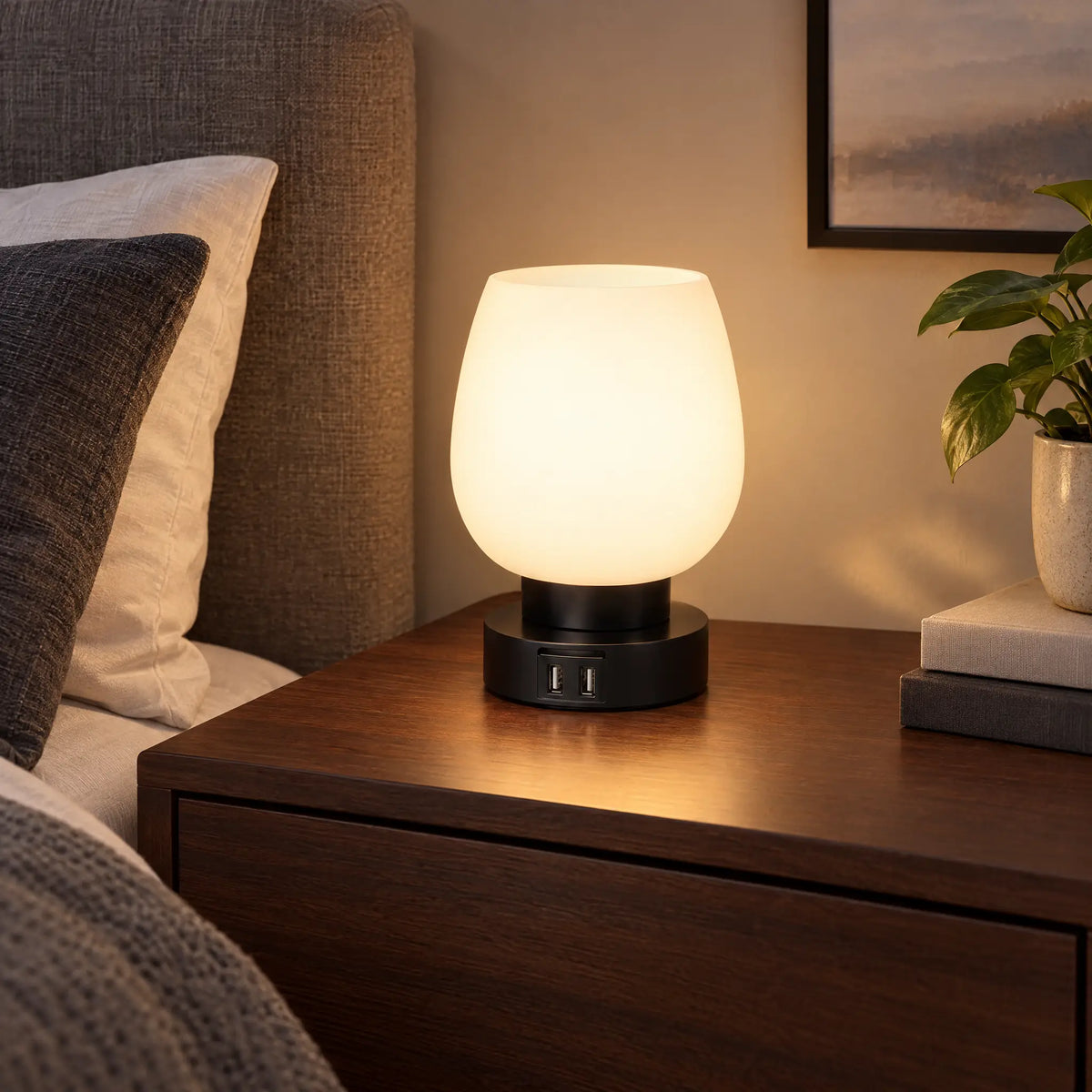 Opal Glass Touch Lamp with 3-Level Dimming and LED Bulb Included - Black Base Dual USB