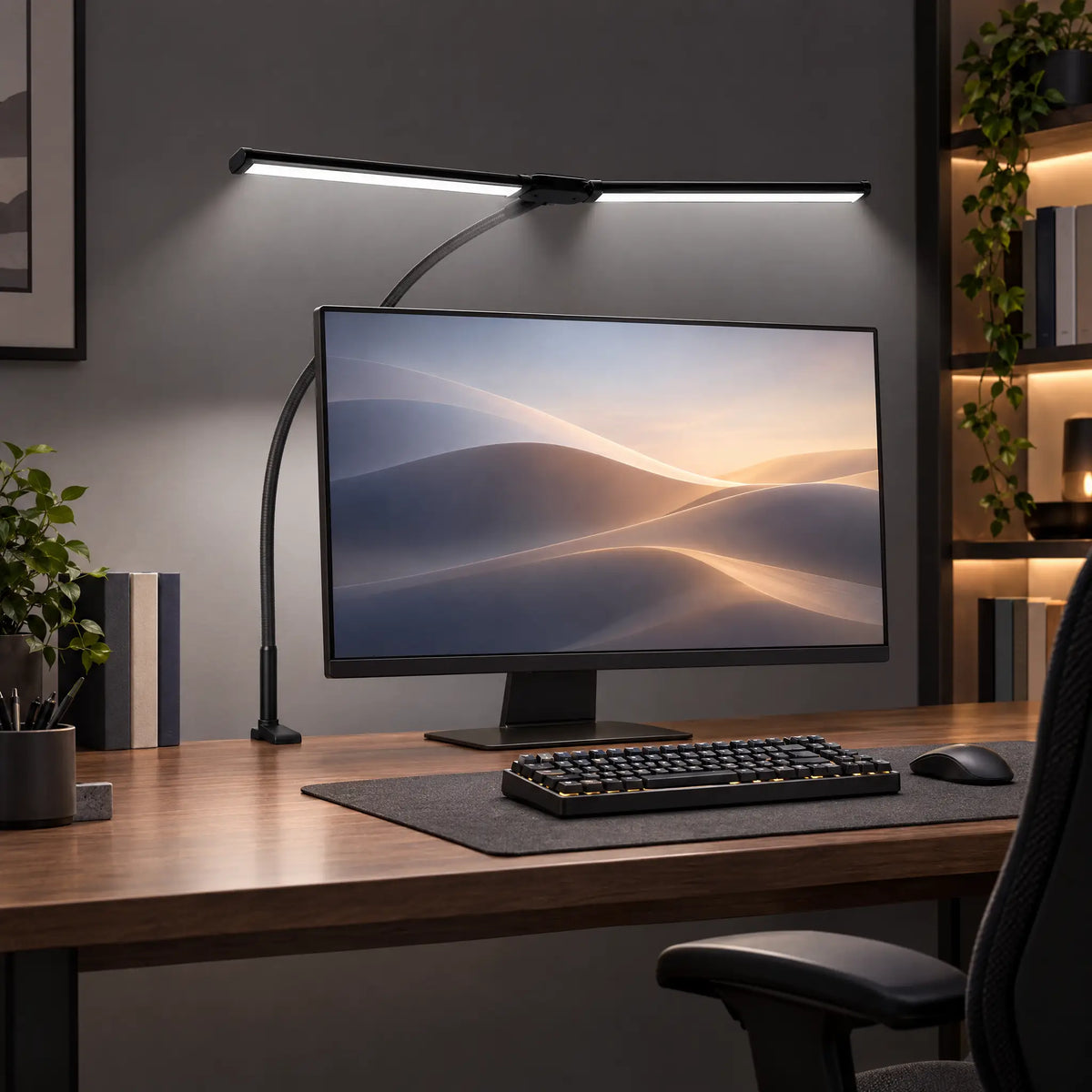 Clip-On LED Desk Lamp with Dual Gooseneck Heads and Stepless Dimming - Black