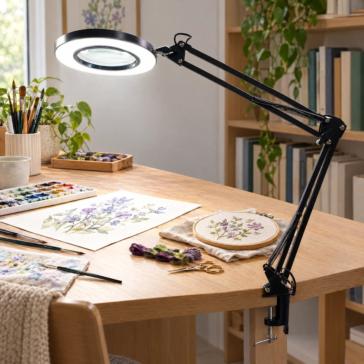 Lighted Magnifying Glass Lamp with Swing Arm and Desk Clamp, USB Powered - 7.87 in Lens