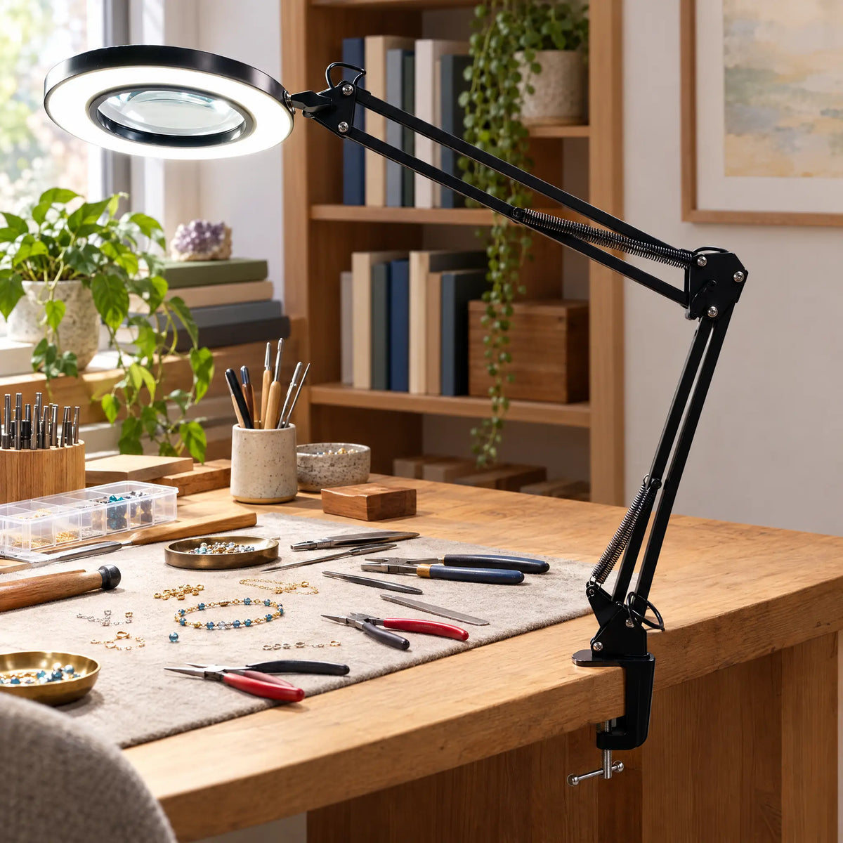 Lighted Magnifying Glass Lamp with Swing Arm and Desk Clamp, USB Powered
