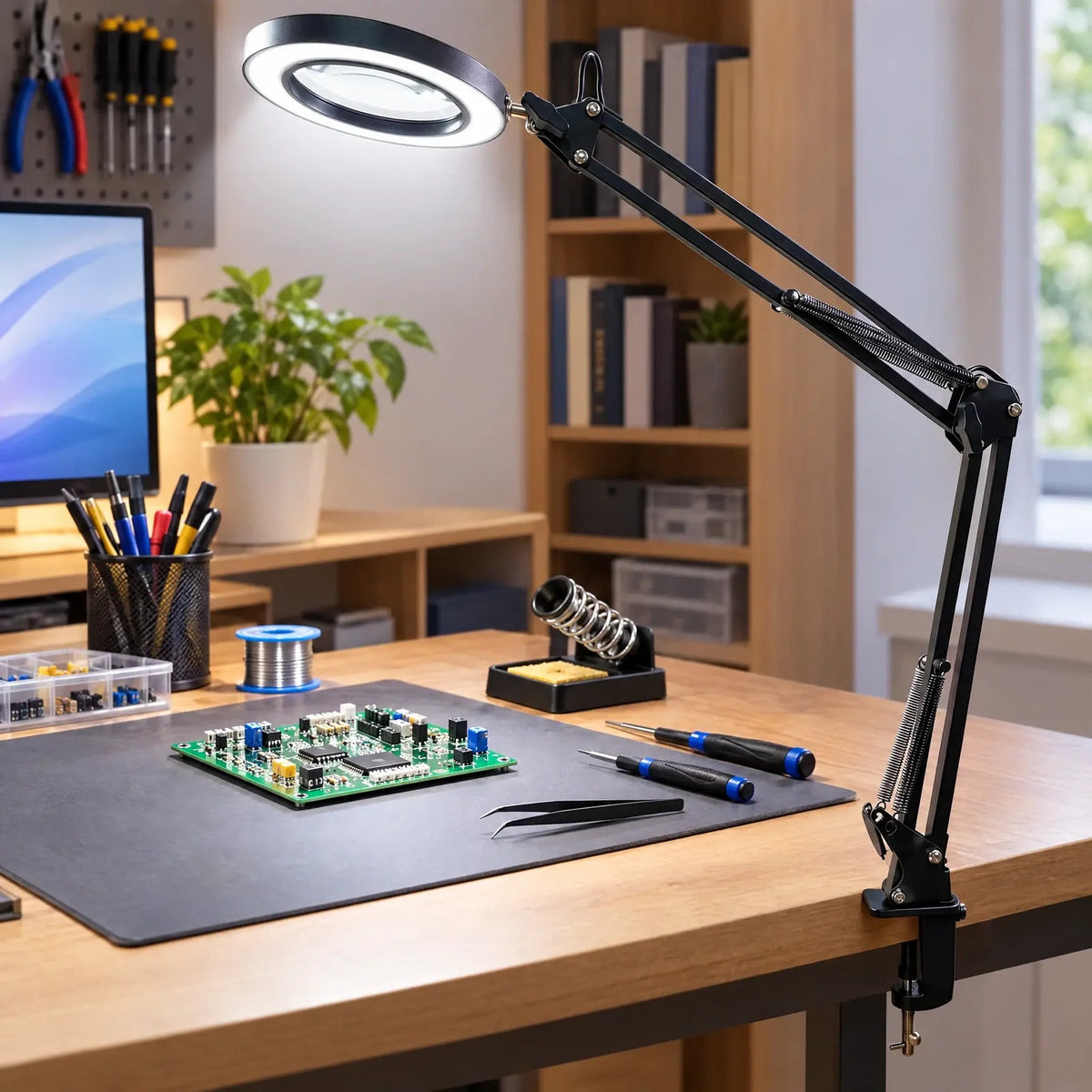 Lighted Magnifying Glass Lamp with Swing Arm and Desk Clamp, USB Powered Velumoza