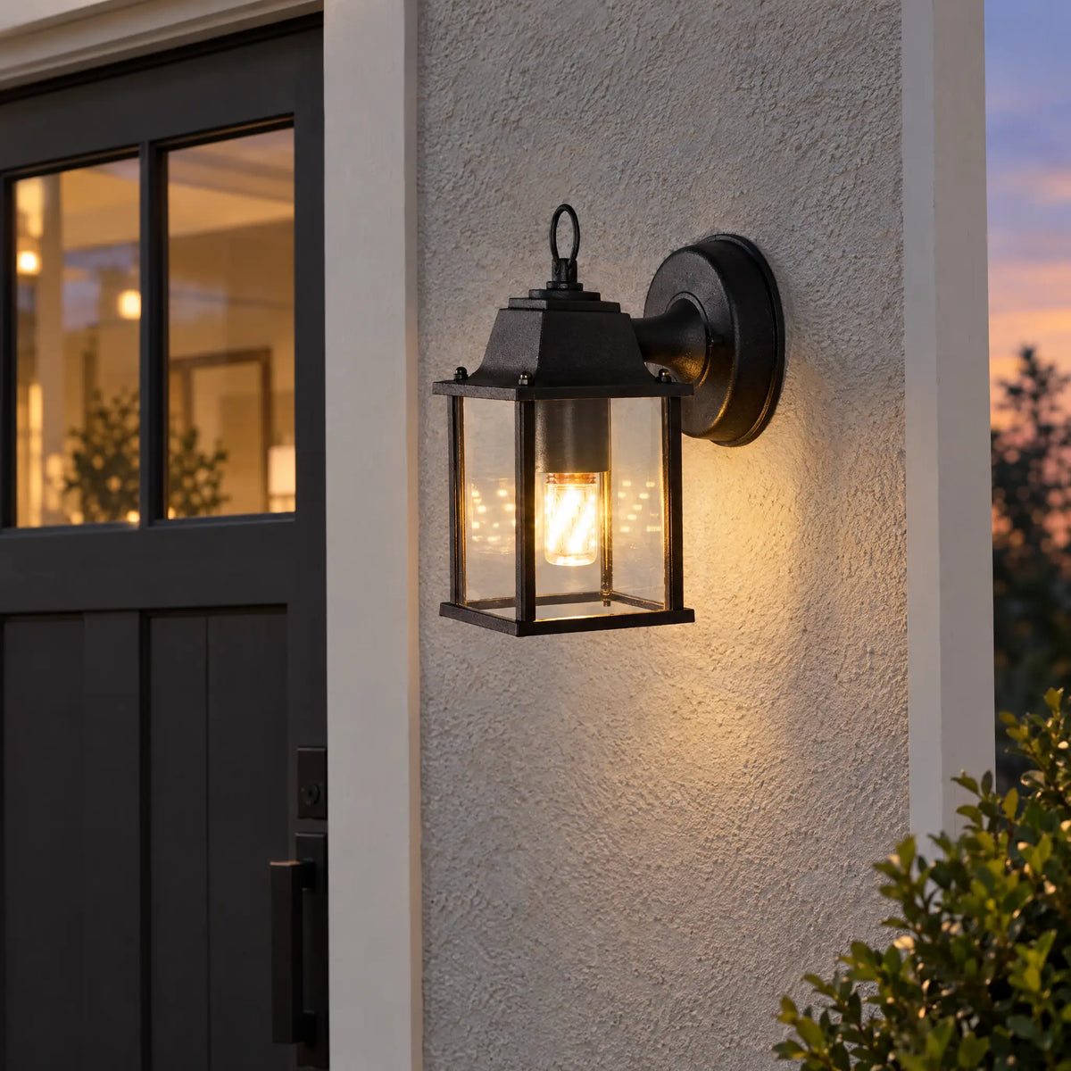 Black Outdoor Wall Lantern with Clear Glass and Three-Color LED Bulb