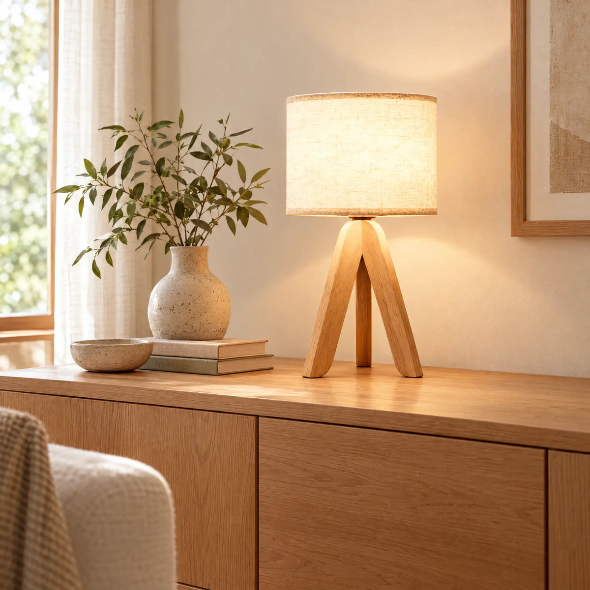 Wooden Tripod Table Lamp with Fabric Shade, USB Powered