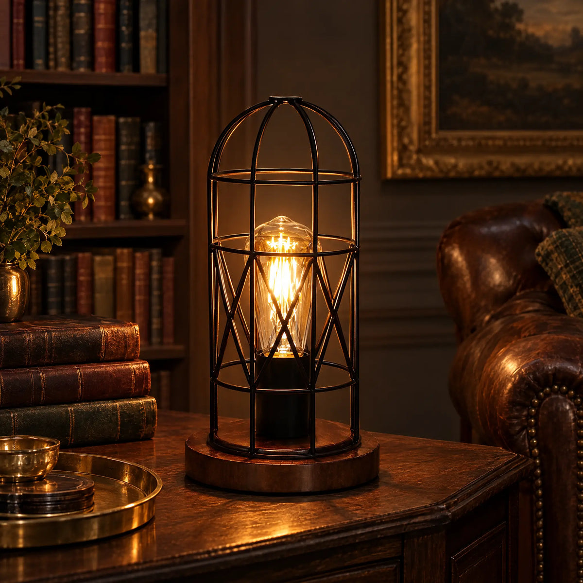 Metal Cage Touch Lamp with 3-Way Dimming and Amber LED Bulb
