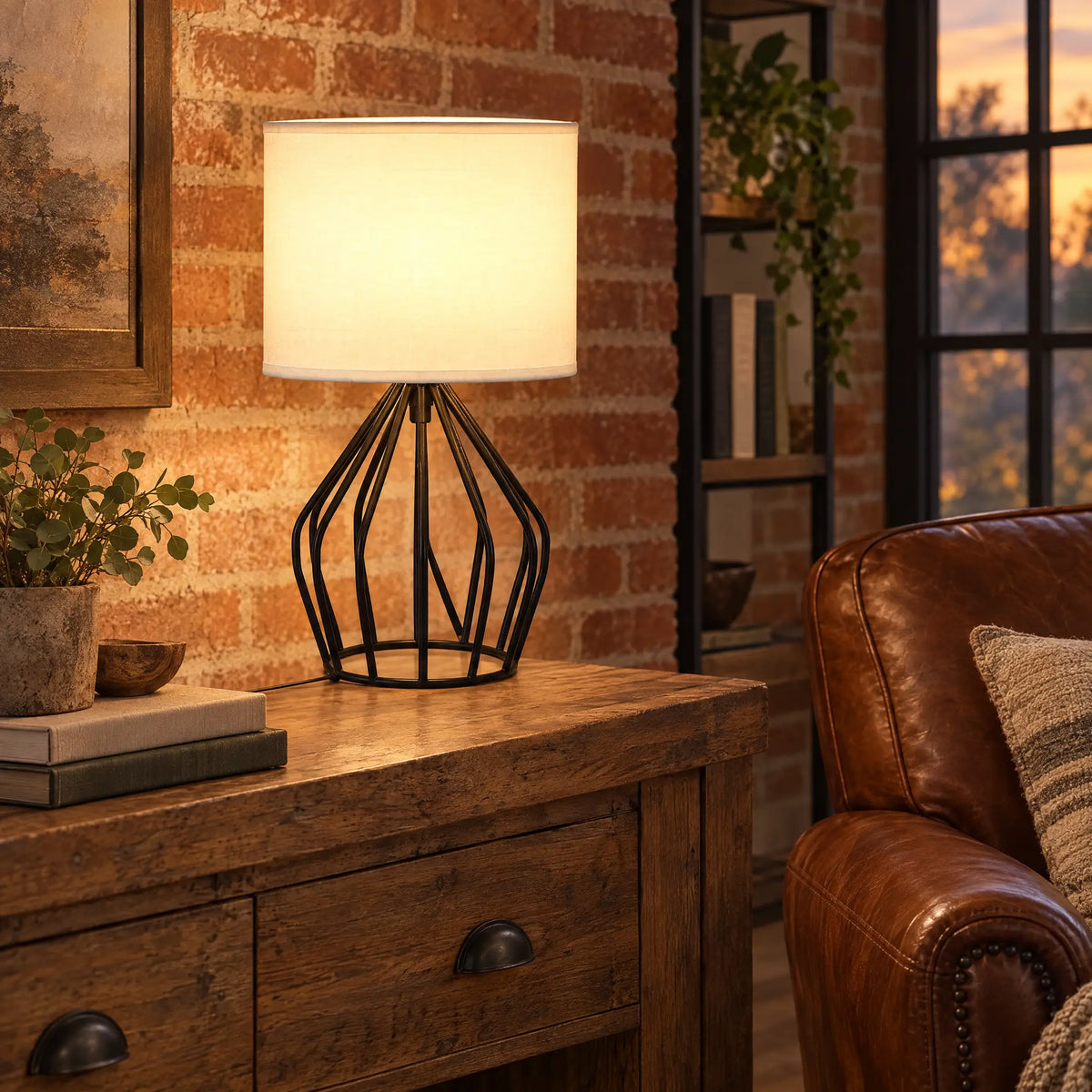 Black Wire Cage Table Lamp with Linen Drum Shade and E26 Socket