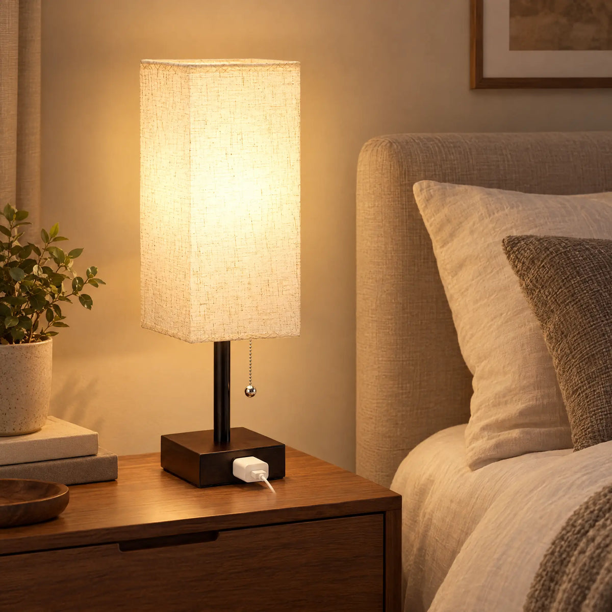 Square Shade Table Lamp with Pull Chain and Built-In AC Outlet