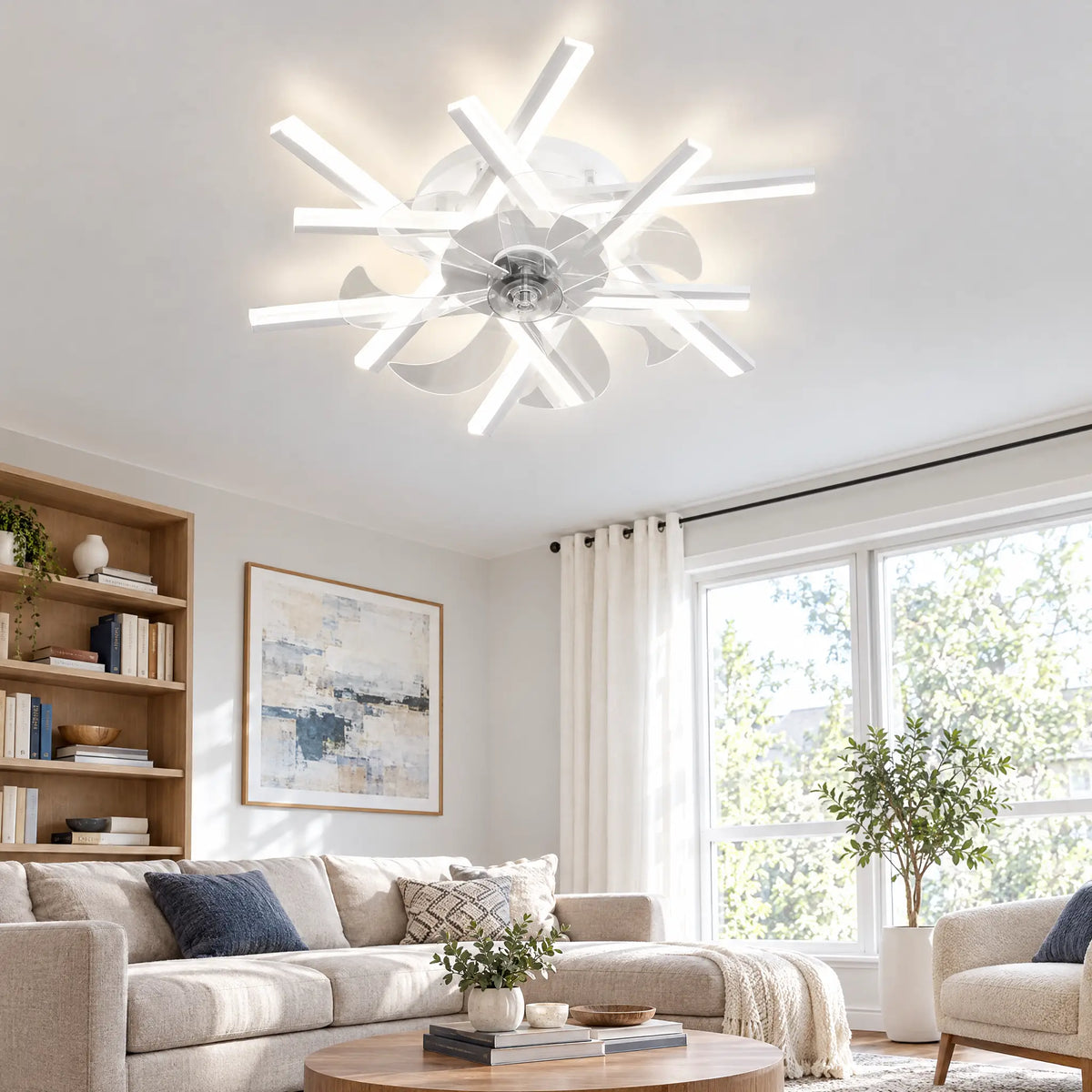 Modern Ceiling Fan with Light, Starburst, 12 to 20 Heads, Remote & App