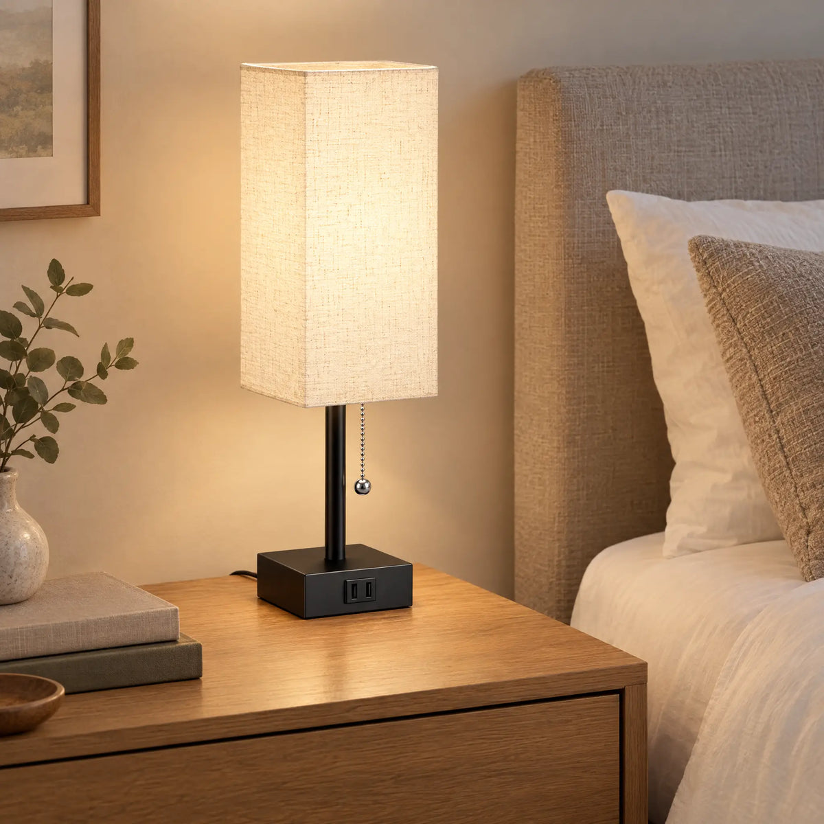 Square Shade Table Lamp with Pull Chain and Built-In AC Outlet - LinenWhite