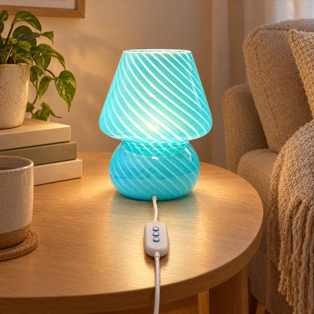 Handmade Glass Mushroom Lamp with USB Power in Striped or Solid Styles - BlueStripe (stepless dimmer)