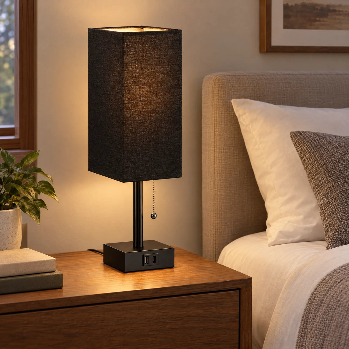 Square Shade Table Lamp with Pull Chain and Built-In AC Outlet - Black