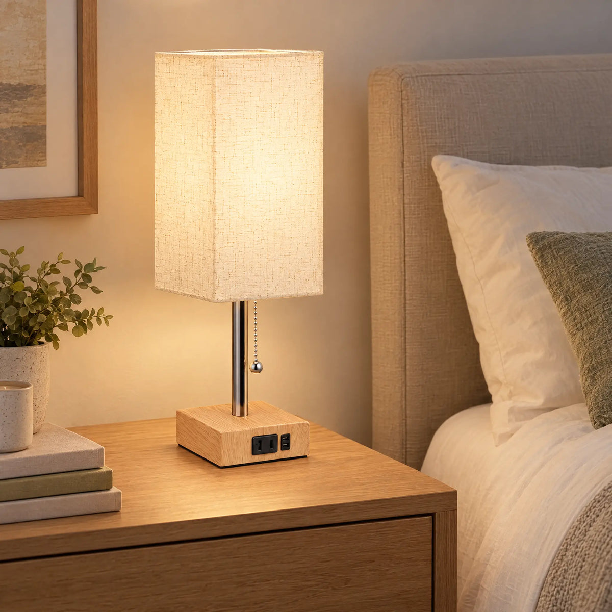 Square Shade Table Lamp with Pull Chain and Built-In AC Outlet - WoodgrainWhite