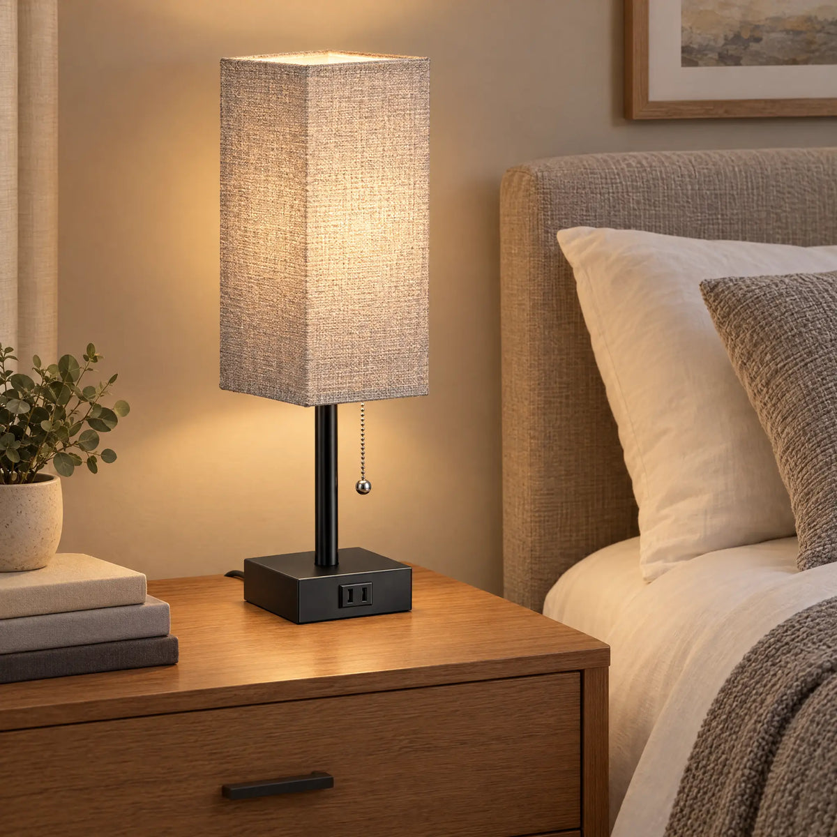 Square Shade Table Lamp with Pull Chain and Built-In AC Outlet - Gray