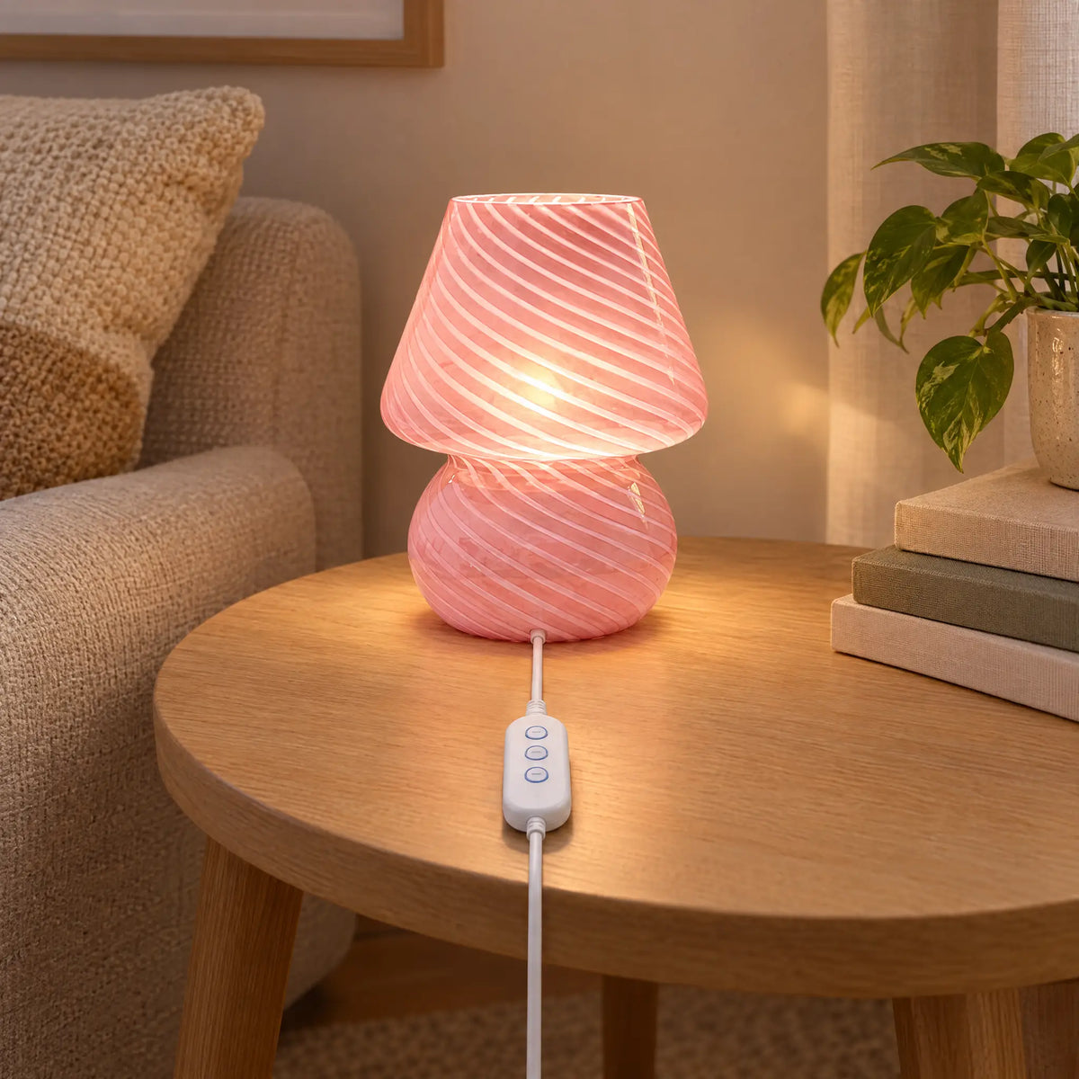 Handmade Glass Mushroom Lamp with USB Power in Striped or Solid Styles - PinkStriped (stepless dimmer)