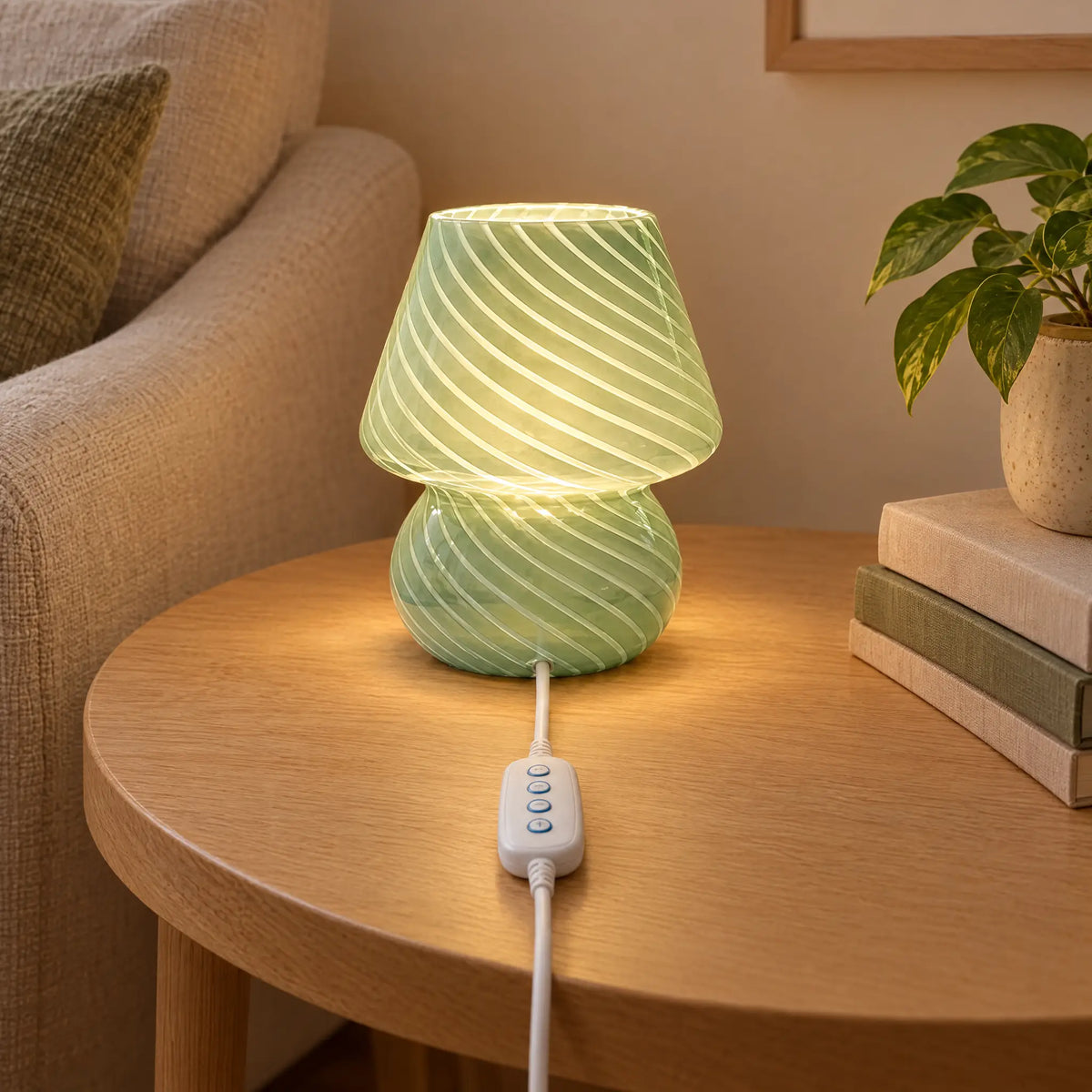 Handmade Glass Mushroom Lamp with USB Power in Striped or Solid Styles - GreenStripe (stepless dimmer)