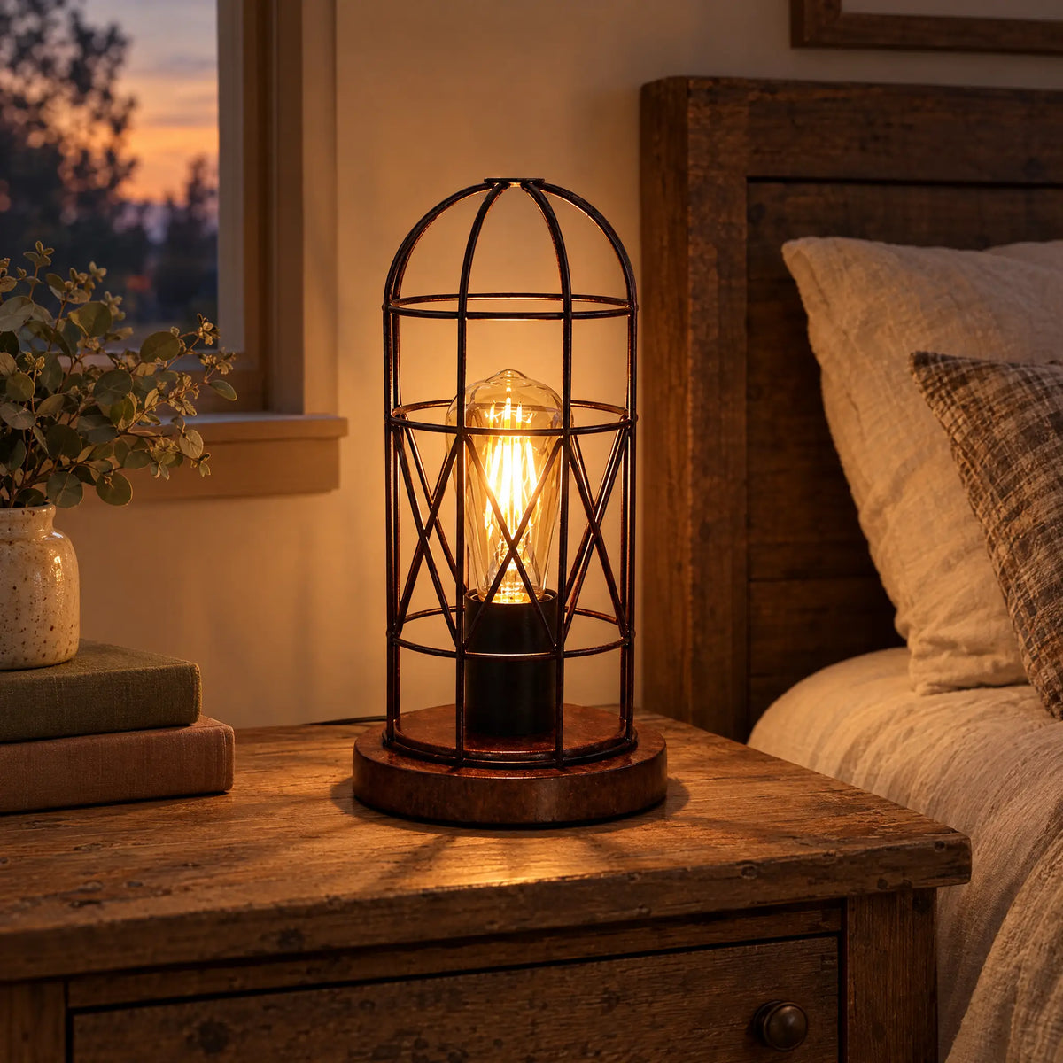 Metal Cage Touch Lamp with 3-Way Dimming and Amber LED Bulb - RedAntique