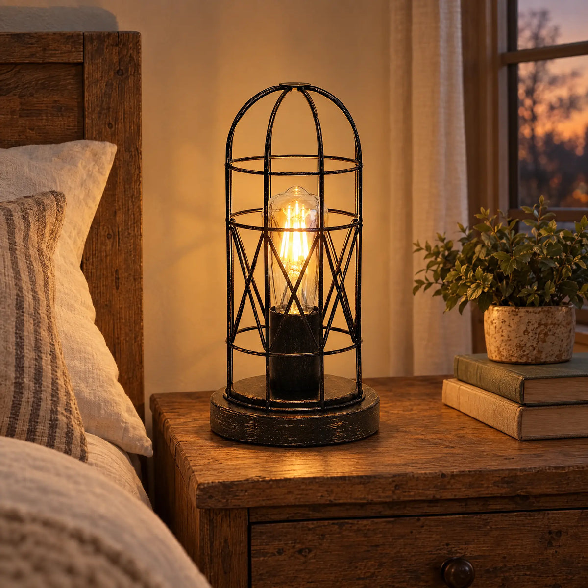 Metal Cage Touch Lamp with 3-Way Dimming and Amber LED Bulb - BlackSweepGold