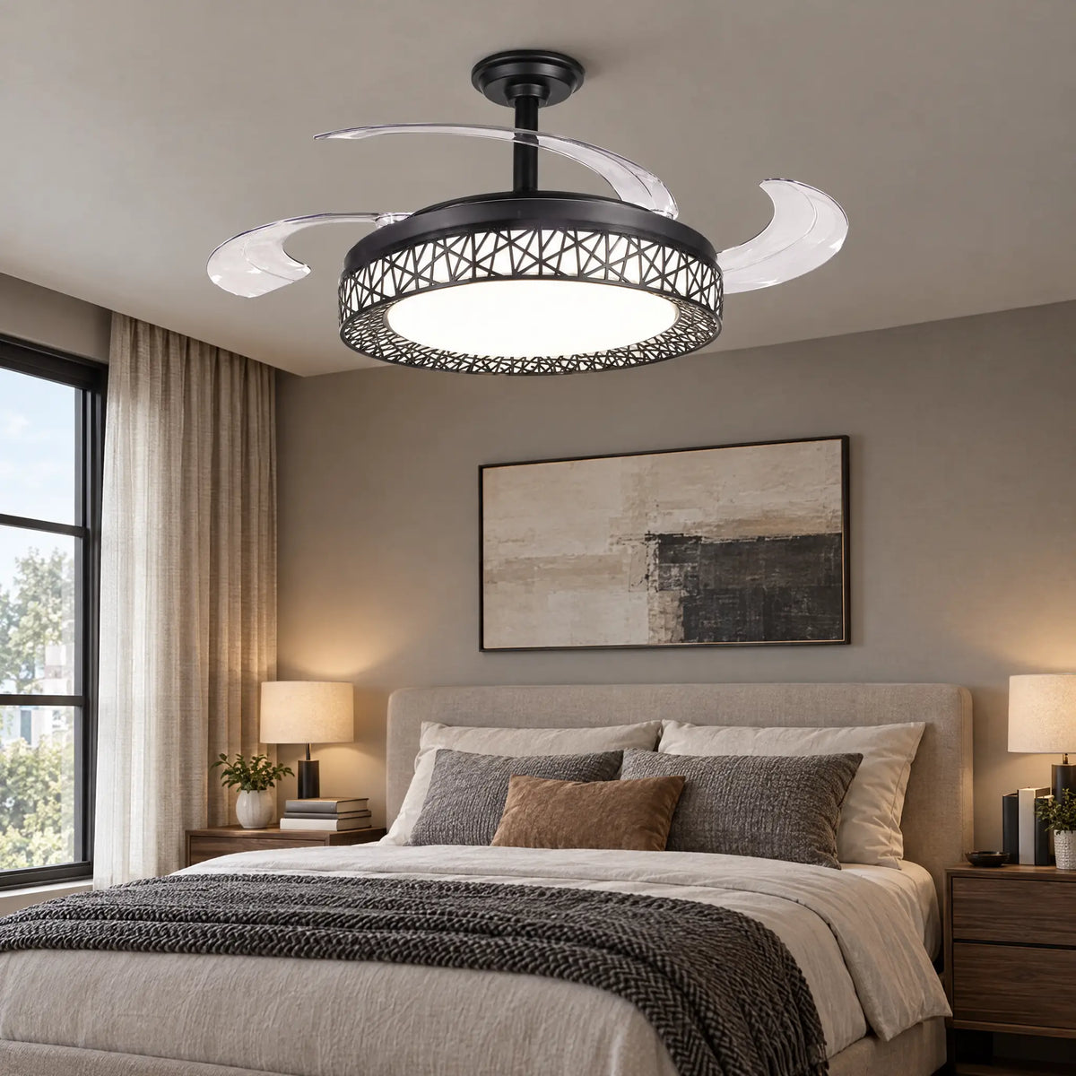 Black Ceiling Fan with Light, Retractable Blades, 42 in & 48 in, Remote - 42in