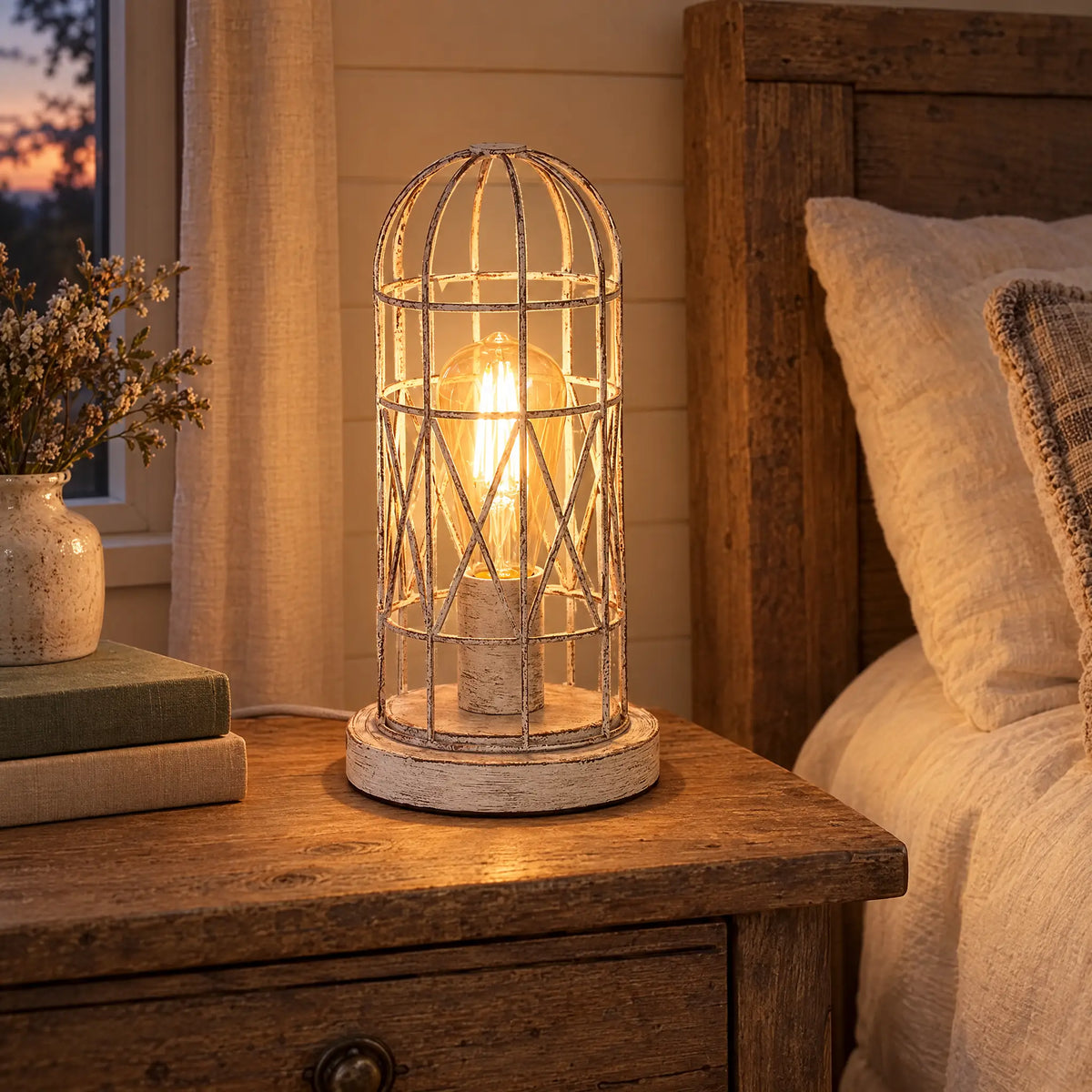 Metal Cage Touch Lamp with 3-Way Dimming and Amber LED Bulb - WhiteAntique
