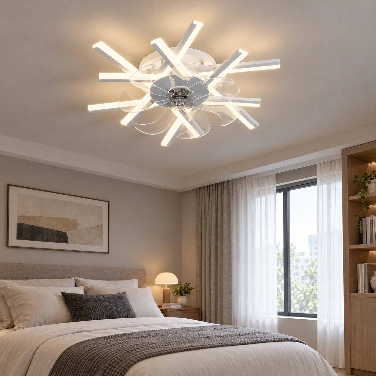 Modern Ceiling Fan with Light, Starburst, 12 to 20 Heads, Remote & App - White12