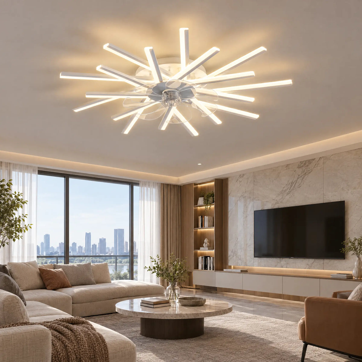 Modern Ceiling Fan with Light, Starburst, 12 to 20 Heads, Remote & App - White18