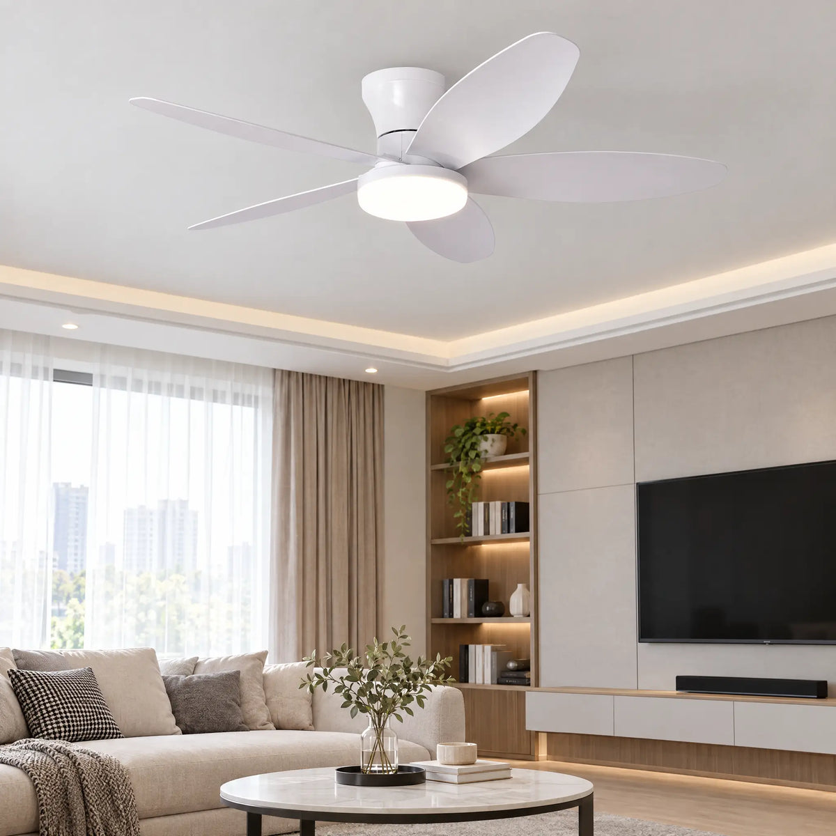 Ceiling Fan with LED Light, 5 Blades, 25 in to 42 in, Remote Control - White42