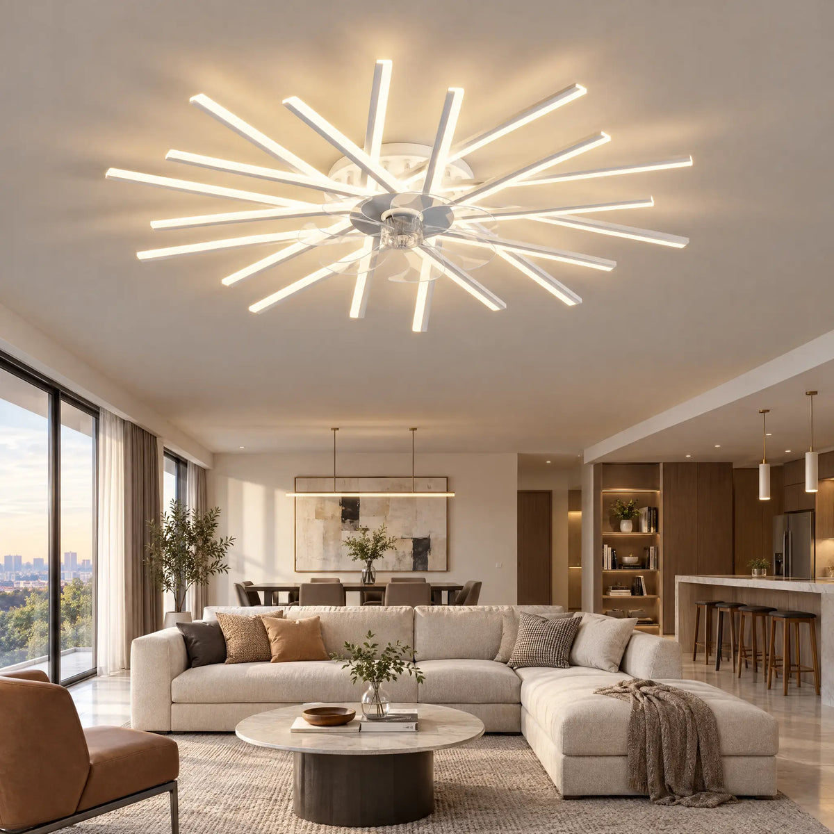 Modern Ceiling Fan with Light, Starburst, 12 to 20 Heads, Remote & App - White20