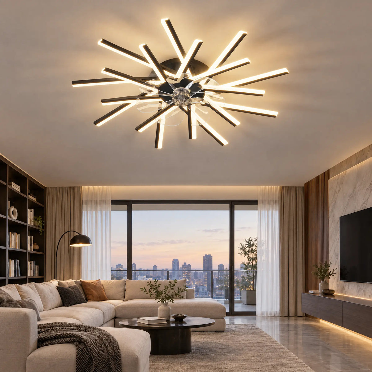Modern Ceiling Fan with Light, Starburst, 12 to 20 Heads, Remote & App - Black18