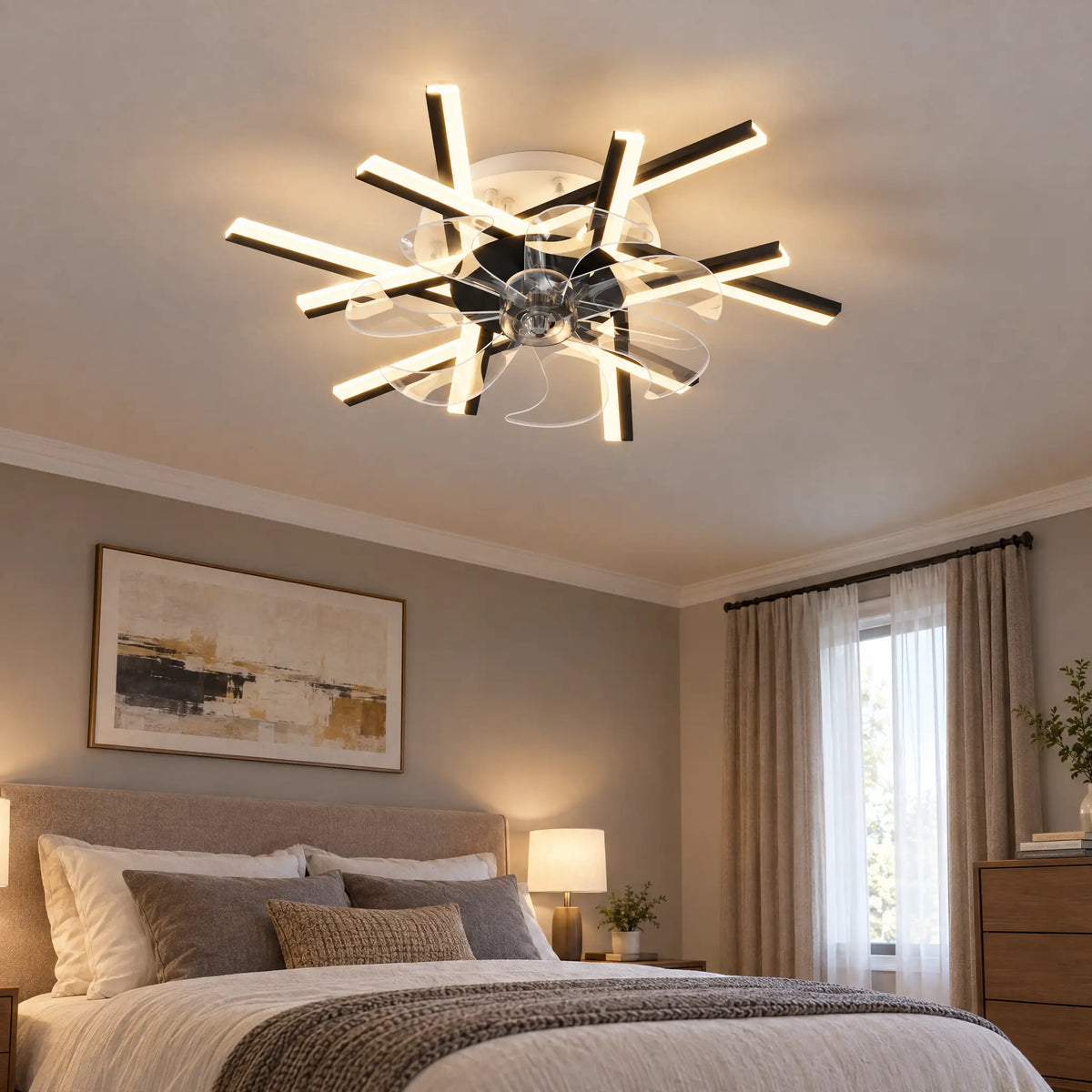 Modern Ceiling Fan with Light, Starburst, 12 to 20 Heads, Remote & App - Black12