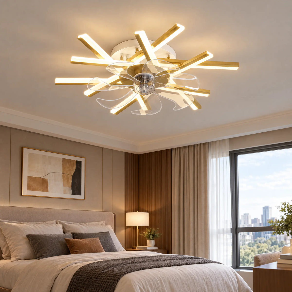Modern Ceiling Fan with Light, Starburst, 12 to 20 Heads, Remote & App - Gold12