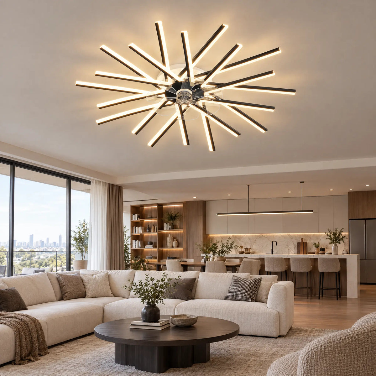 Modern Ceiling Fan with Light, Starburst, 12 to 20 Heads, Remote & App - Black20