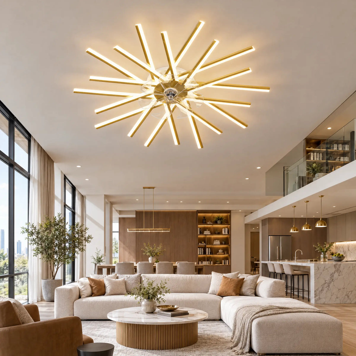 Modern Ceiling Fan with Light, Starburst, 12 to 20 Heads, Remote & App - Gold20