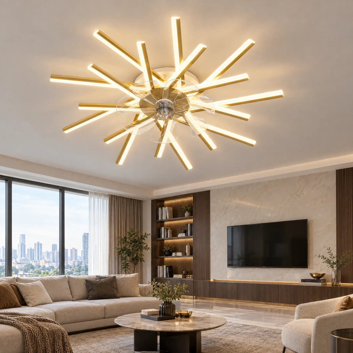 Modern Ceiling Fan with Light, Starburst, 12 to 20 Heads, Remote & App - Gold18