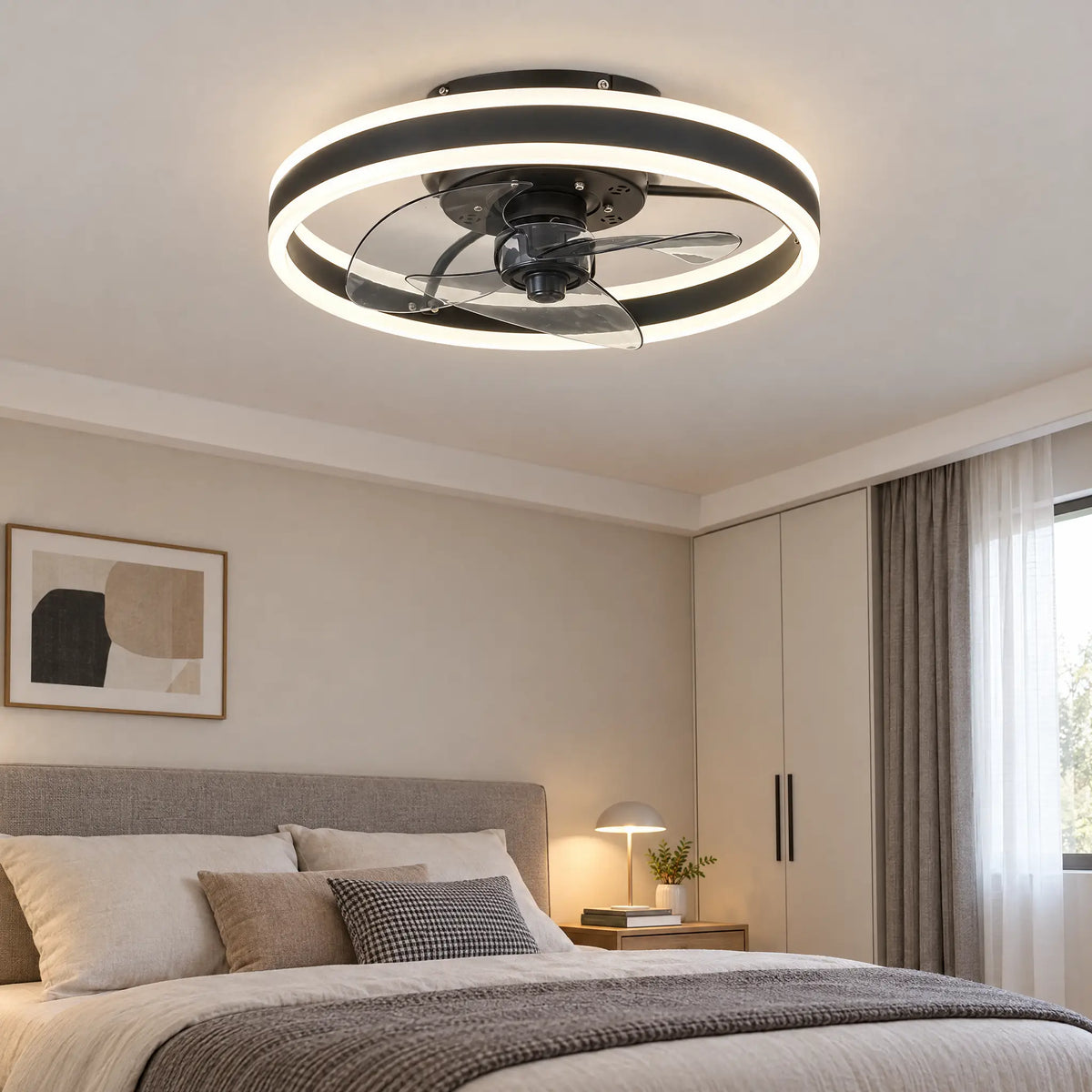 Ceiling Fans with Lights, Double Ring, 15.7 in & 19.7 in, Remote & App - RegBlack15