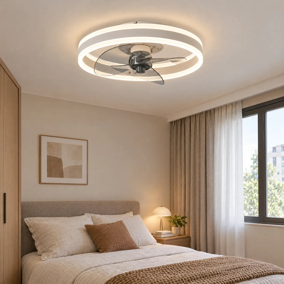 Ceiling Fans with Lights, Double Ring, 15.7 in & 19.7 in, Remote & App - RegWhite15