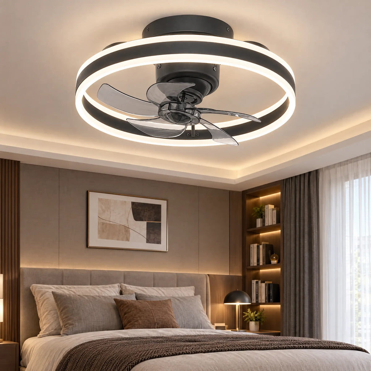 Ceiling Fans with Lights, Double Ring, 15.7 in & 19.7 in, Remote & App - ShakeBlack19