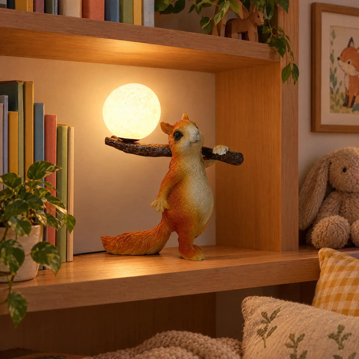 Squirrel Table Lamp with Moon Globe Shade, Warm or 3-Color Light