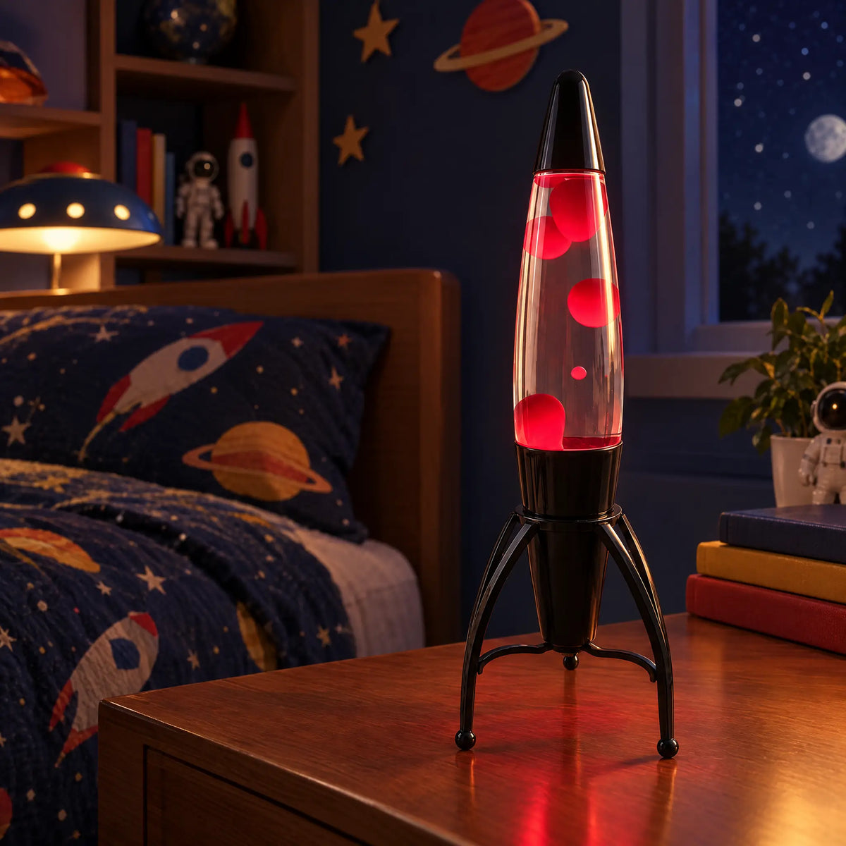 Rocket-Shaped Lava Table Lamp with Black Fin Stand, 30W