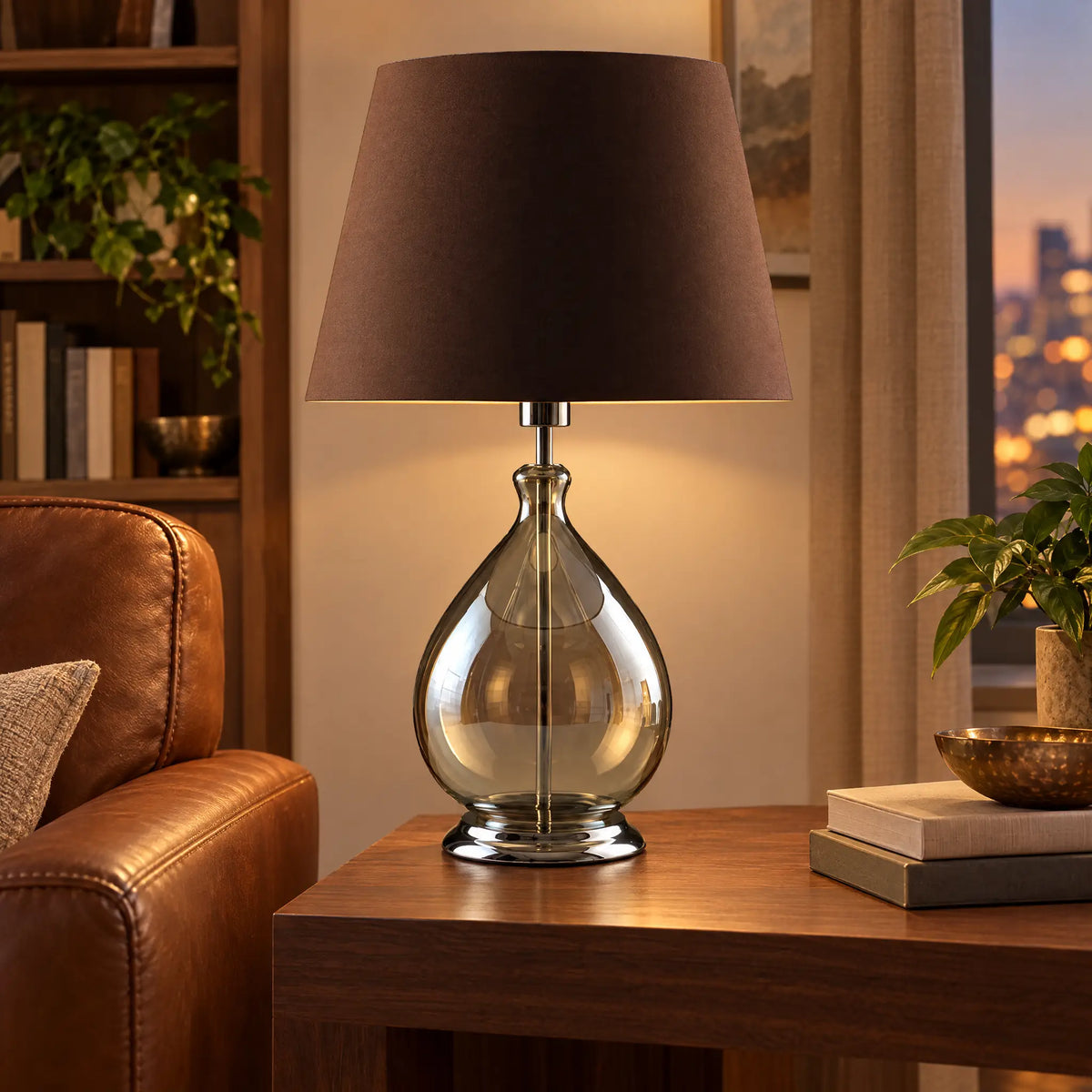 Tinted Teardrop Glass Table Lamp with Brown Tapered Shade