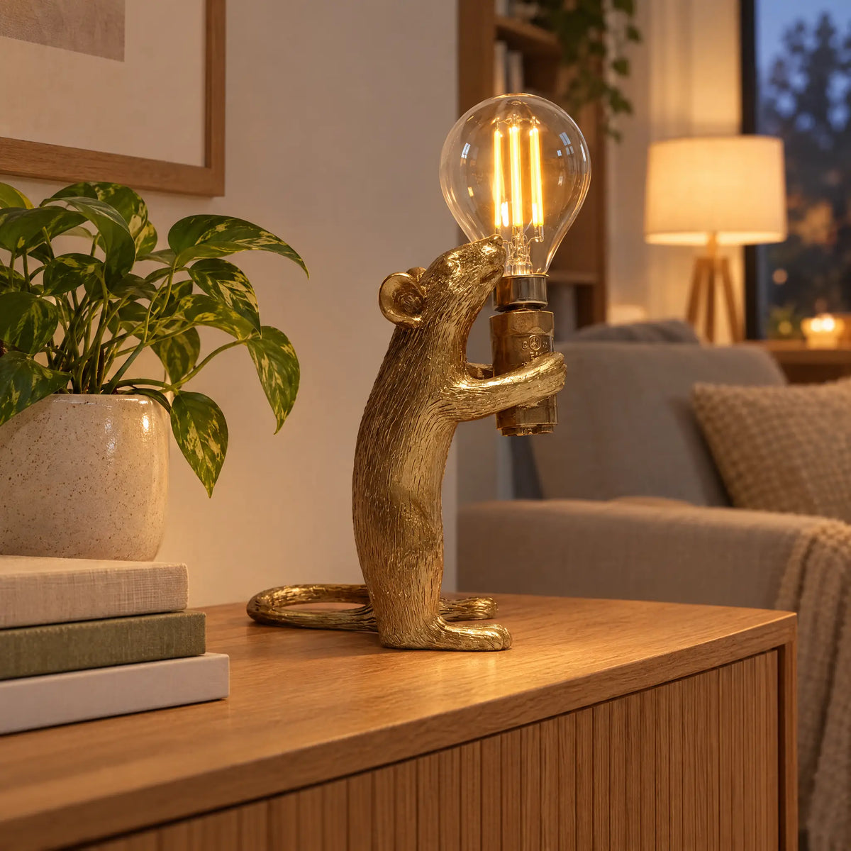 Resin Mouse Table Lamp in 3 Poses and 3 Colors with Button Switch - Golden stand