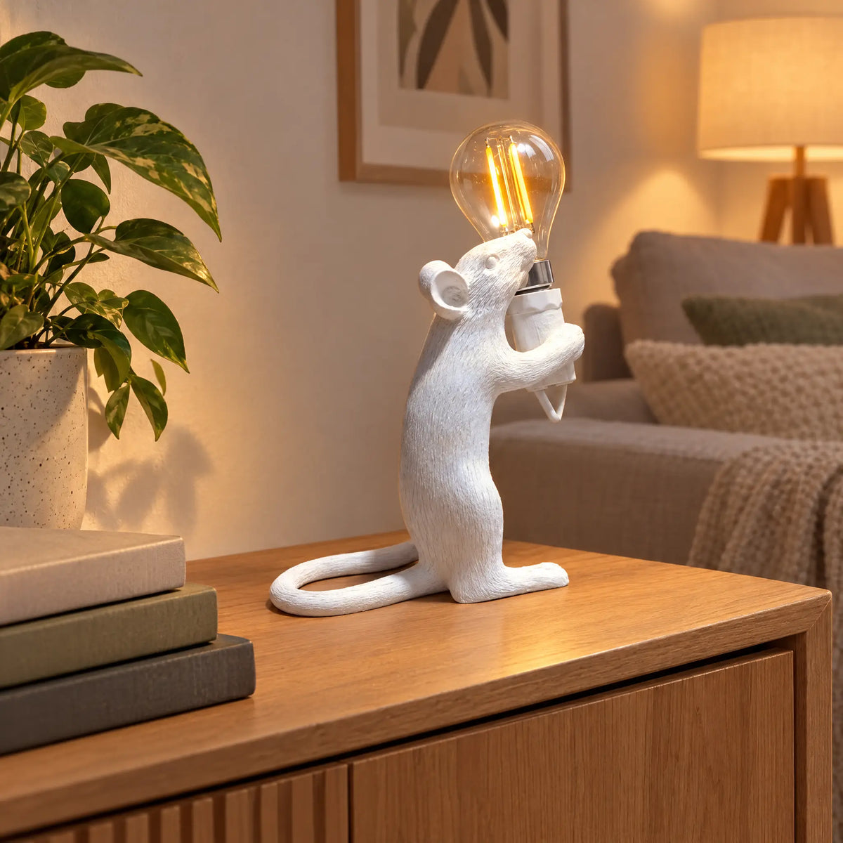 Resin Mouse Table Lamp in 3 Poses and 3 Colors with Button Switch - White stand