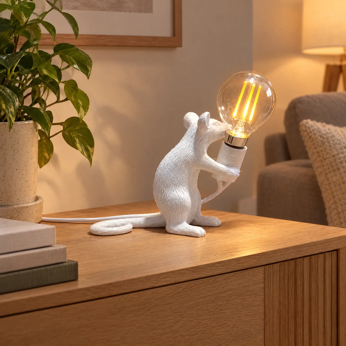 Resin Mouse Table Lamp in 3 Poses and 3 Colors with Button Switch - White sitting