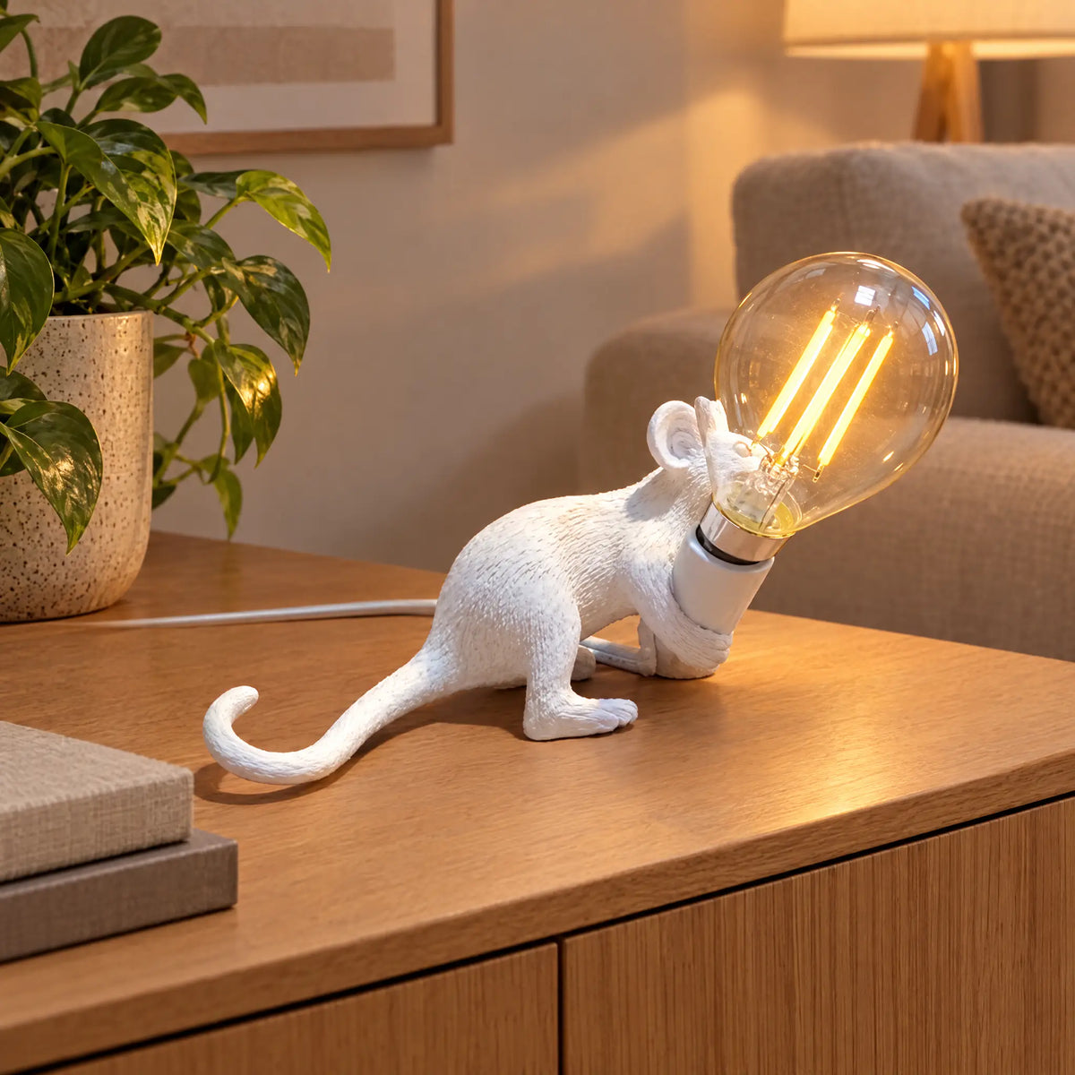 Resin Mouse Table Lamp in 3 Poses and 3 Colors with Button Switch - White rat